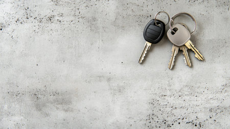 A close-up image of a set of keys resting on a textured concrete surface, perfect for concepts of security, access, and everyday essentials.の素材