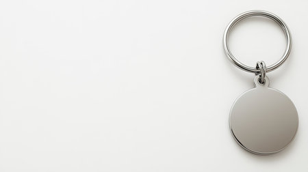 A blank metal keychain featuring a round design, perfect for customization or branding. Ideal for promotional items, gifts, or personal use.の素材
