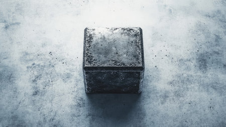 A simple heavy block rests on a gray surface, showcasing its raw texture and minimalist design, perfect for various creative projects and backgrounds.の素材