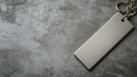 A blank metallic tag on a textured grey surface, ideal for showcasing custom designs or branding. Emphasizes a minimalist and modern aesthetic.の素材