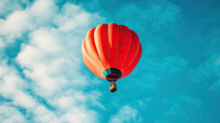 A stunning hot air balloon soaring high in a bright blue sky, surrounded by fluffy clouds. Perfect for themes of adventure, travel, and nature.の素材
