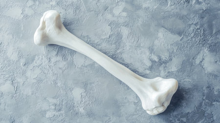 A single white bone resting on a textured gray background, ideal for pet-related concepts or healthy snack ideas. Perfect for animal nutrition visuals.の素材