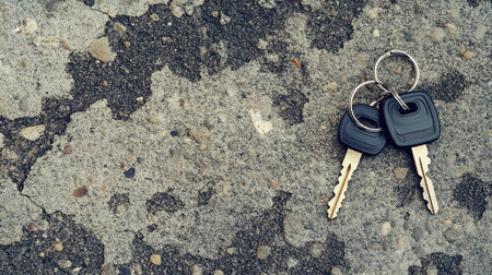 Two keys resting on a rough urban surface create an intriguing contrast. The image captures everyday objects with a gritty background, suggesting themes of access and exploration.の素材