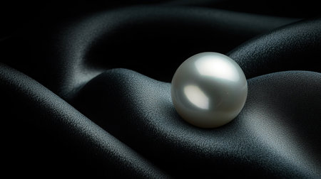 A stunning pearl rests gracefully on a dark, smooth fabric, showcasing its natural luster and elegance. Ideal for luxury and beauty themes.の素材