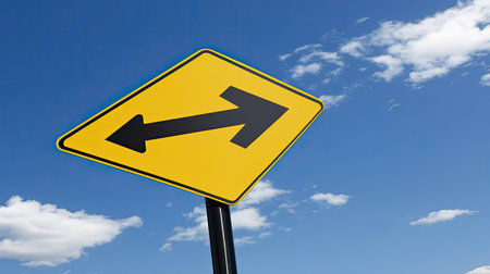 A yellow road sign featuring directional arrows against a backdrop of bright blue sky with clouds. This image symbolizes navigation and travel guidance.の素材