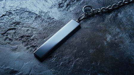 A sleek silver pendant hangs on a chain, showcasing a minimalist design against a dark textured background, perfect for fashion and jewelry collections.の素材
