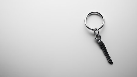 A stylish silver key attached to a keyring, set against a minimalistic background. Perfect for concepts of security, simplicity, and modern design.の素材