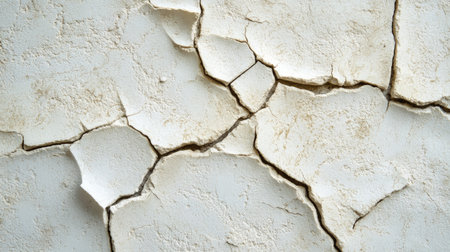 Close-up view of a cracked white wall texture, showcasing intricate details and patterns. Ideal for backgrounds, design projects, or art concepts.の素材
