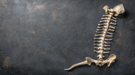 A detailed view of a human spine displayed against a dark background, highlighting the structure of vertebrae. Ideal for educational and medical purposes.の素材