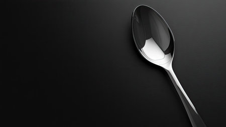 A sleek silver spoon rests elegantly on a dark surface, showcasing its polished finish and modern design. Perfect for culinary themes and dining settings.の素材