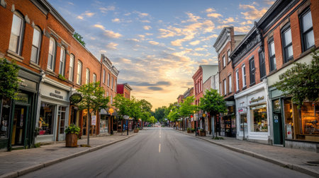 A picturesque street view at sunset features colorful storefronts and lush trees, creating a serene atmosphere perfect for exploring local culture and life.の素材