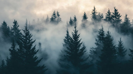 A serene misty forest at dawn captures the ethereal beauty of nature. Tall trees emerge from the fog, creating a calm and tranquil atmosphere.の素材