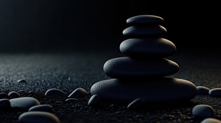 A serene arrangement of stacked black stones on a dark surface, evoking peace and balance. Ideal for wellness, meditation, and relaxation themes.の素材