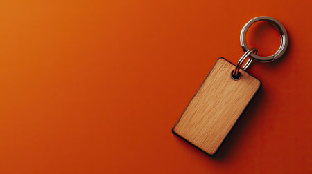 A simple wooden keychain rests on a vibrant orange background, showcasing its minimalist design and natural texture, perfect for personalized branding or decor.の素材