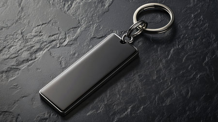A sleek black keychain resting on a dark surface, showcasing its minimalistic design and modern style, perfect for promotional or personal use.の素材