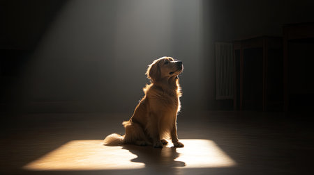 A golden retriever sits gracefully in a spotlight, creating a serene and captivating atmosphere. This photo captures the essence of loyalty and companionship.の素材