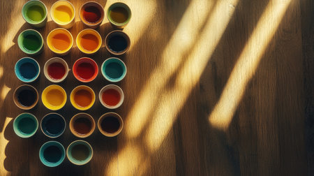A captivating arrangement of colorful cups filled with vibrant liquids, showcasing a harmonious art composition on a wooden table illuminated by natural light.の素材