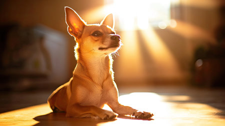 A charming dog relaxes in warm sunlight, showcasing a peaceful moment of tranquility. The soft light enhances the dog's features and creates a cozy atmosphere.の素材