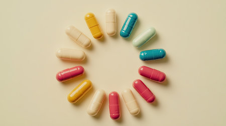 A vibrant arrangement of colorful capsules creates a striking circular pattern on a neutral background, ideal for themes related to health and wellness.の素材