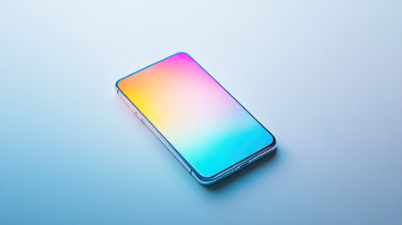 A sleek modern smartphone rests on a soft gradient background, showcasing a vibrant and colorful screen design. Ideal for technology and lifestyle themes.の素材