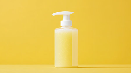 A bright yellow liquid soap bottle with a pump sits against a vibrant yellow backdrop, showcasing minimalist skincare and hygiene aesthetics. Perfect for branding and product displays.の素材