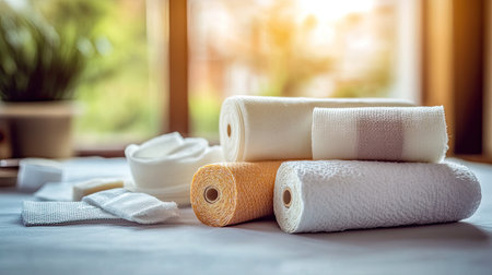A serene arrangement of medical supplies featuring various rolls of bandages and gauze, captured in soft natural light for a calming effect.の素材