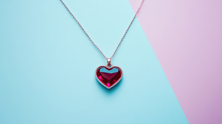 A beautiful heart-shaped pendant necklace displayed against a colorful pastel background. Perfect for romantic gifts or stylish accessorizing.の素材