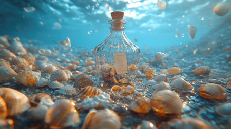 A beautiful underwater scene featuring a glass bottle surrounded by various seashells and soft sand, evoking feelings of tranquility and adventure.の素材