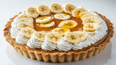 This delightful banana cream pie features a golden crust topped with fresh banana slices and whipped cream, perfect for any dessert table or celebration.の素材