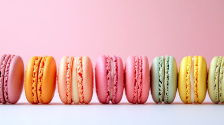 A vibrant display of colorful macarons arranged in a row against a soft pink background, perfect for showcasing desserts, pastries, and sweet treats.の素材