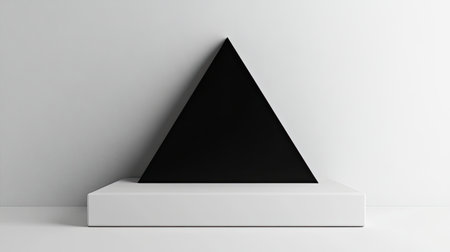 A striking minimalist design featuring a black triangle resting on a sleek white platform, creating a bold contrast. Ideal for contemporary art themes.の素材