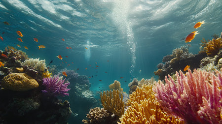 Explore a stunning underwater coral reef featuring vibrant corals and diverse marine life in clear blue waters illuminated by sunlight rays.の素材