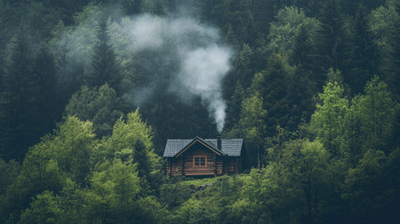 A serene log cabin nestled in a vibrant green forest with gentle smoke rising from the chimney, creating a peaceful and tranquil atmosphere in nature.の素材