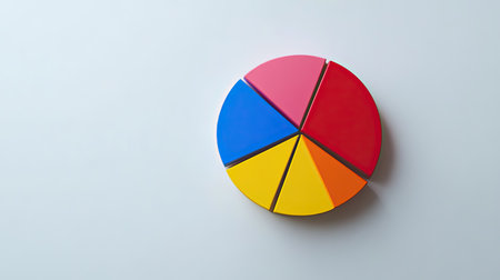 A vibrant pie chart illustration featuring red, blue, yellow, and orange segments against a light background, ideal for presentations and educational materials.の素材