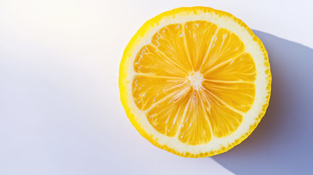 A vibrant half lemon displayed beautifully against a clean white background, showcasing its juicy texture and bright color, perfect for culinary inspiration.の素材