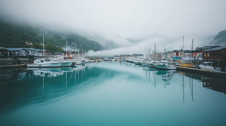 A tranquil harbor scene featuring boats gently floating on calm waters, surrounded by misty mountains and soft clouds. Perfect for travel themes.の素材