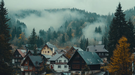 A scenic view of a quiet village nestled among fog-covered mountains and autumn foliage, showcasing charming houses and lush greenery.の素材