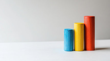 Vibrant wooden cylinders in blue, yellow, and red symbolize growth and progress. A minimalist design suitable for various creative projects.の素材