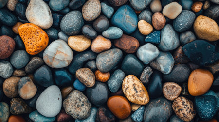 A close-up view of colorful pebbles varying in size, shape, and texture. These smooth stones create a natural, aesthetic composition perfect for backgrounds or design projects.の素材
