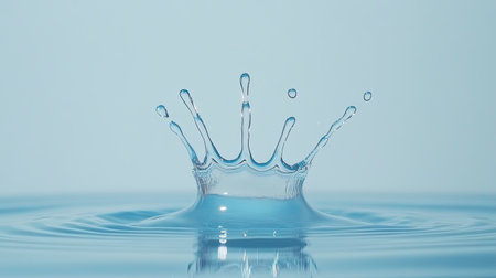 This beautiful image captures a stunning water splash that forms a crown shape against a serene blue background, showcasing the elegance and tranquility of liquid motion.の素材