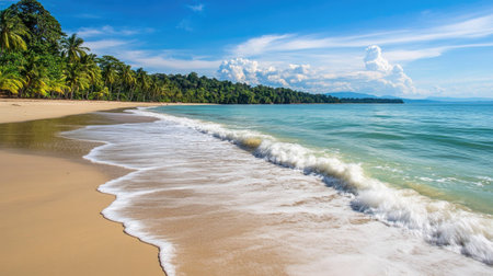 A breathtaking view of a serene tropical beach, featuring soft waves lapping against the sandy shore under a bright blue sky adorned with fluffy clouds. Ideal for travel and relaxation themes.の素材