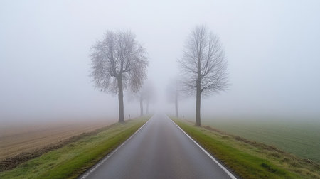 A serene foggy road flanked by bare trees creates an atmospheric scene. The muted colors evoke tranquility, inviting reflection and solitude.の素材