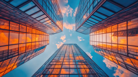 A vibrant view of modern glass buildings reflecting clouds in the sky. The unique perspective highlights the beauty of urban architecture under natural light.の素材