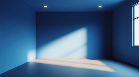 A serene interior scene featuring a bright blue room illuminated by natural sunlight, casting soft shadows. Perfect for design or ambiance themes.の素材