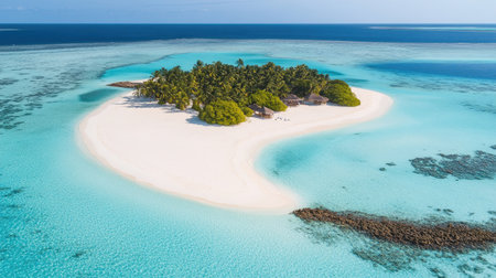 A breathtaking aerial view of a serene tropical island surrounded by crystal clear waters. Perfect for conveying a sense of relaxation and paradise.の素材