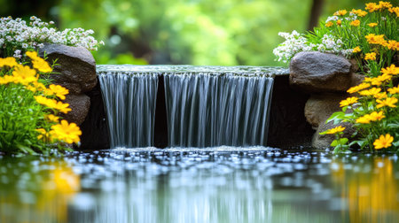 A tranquil waterfall flows gently through a lush garden adorned with vibrant flowers, creating a peaceful and rejuvenating atmosphere in nature.の素材