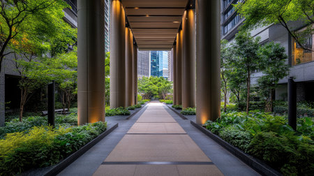 A serene walkway showcases a blend of modern architecture and lush greenery, creating a tranquil atmosphere perfect for relaxation in an urban setting.の素材