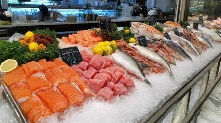 A vibrant display of fresh seafood at a market, featuring salmon, shrimp, and more on ice. Perfect for culinary inspiration or healthy ingredient choices.の素材
