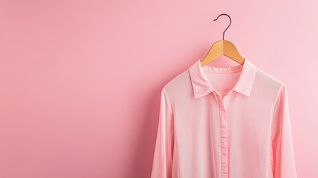 A light pink shirt elegantly hangs on a wooden hanger against a soft pink background, showcasing a minimalist and stylish approach to fashion photography.の素材