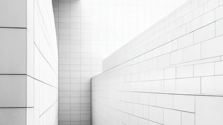This image showcases a minimalist architectural space featuring white tiled walls. The clean lines and geometric patterns create a serene and modern atmosphere, perfect for design inspiration.の素材